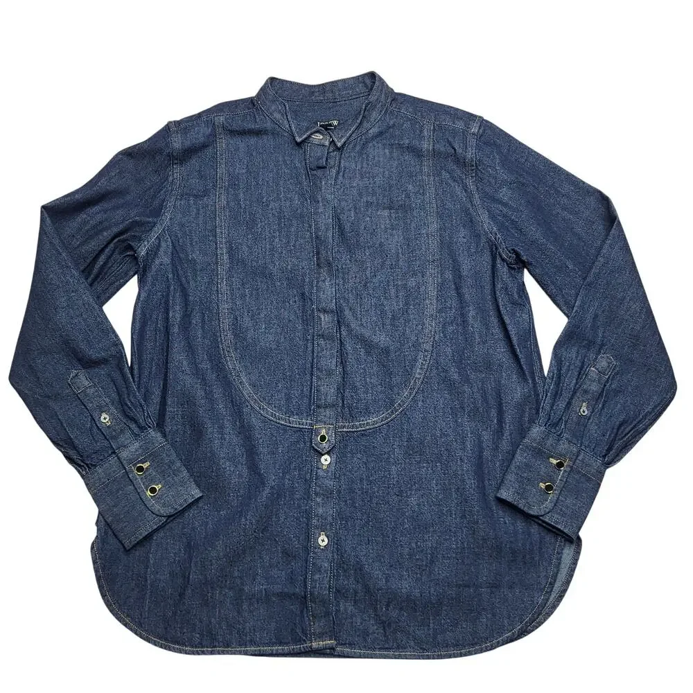 J Crew Denim Jean Tuxedo Shirt Long Sleeve Western Top Cotton Dark Wash Small 4